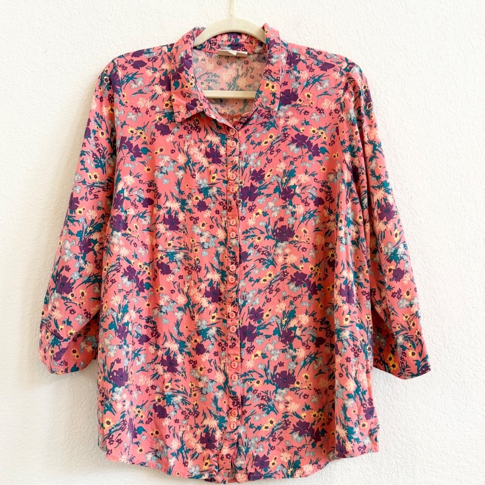 ModCloth 1X Pink Floral Button Down 3/4 Sleeve Blouse‎ Top Spring Cottagecore